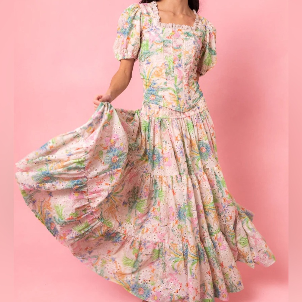 Ivy City Co Pastel Floral Maxi Skirt & Bodice Set - Pink, Green, Blue
